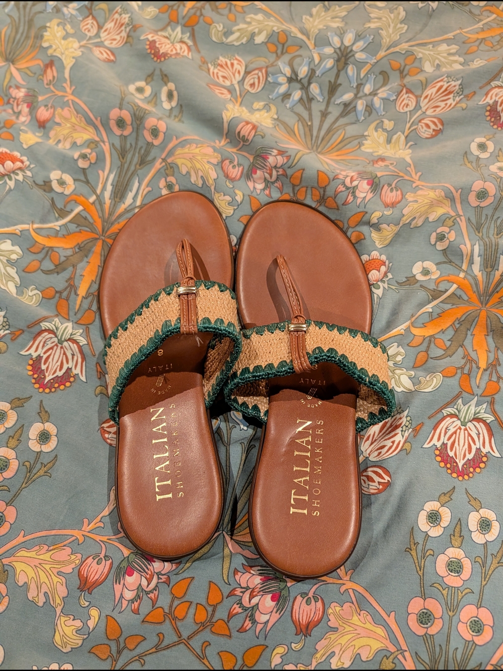 Italian Shoemakers Brown Raffia Trim Toe-Loop Sandals